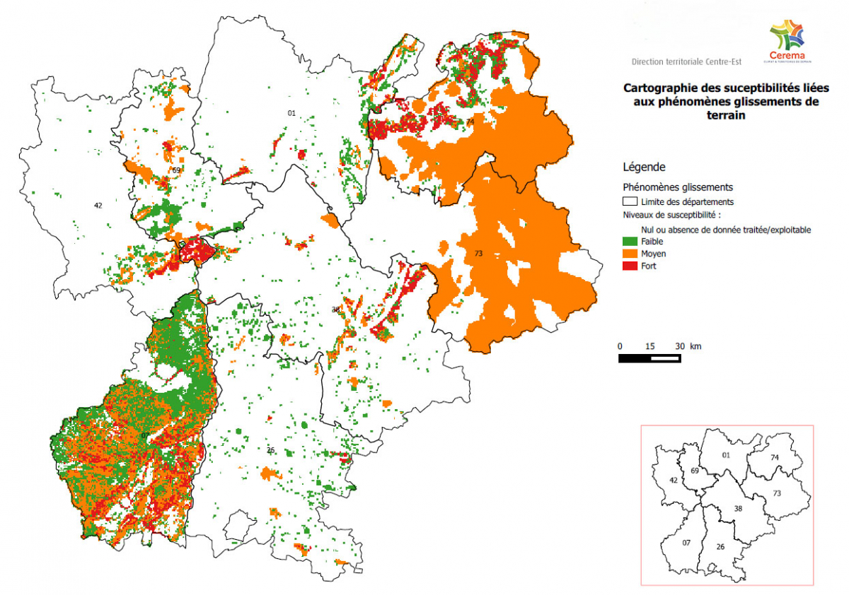 Exemple de cartographie de l’aléa « glissement de terrain » sur la région Rhône-Alpes (crédits : Cerema)